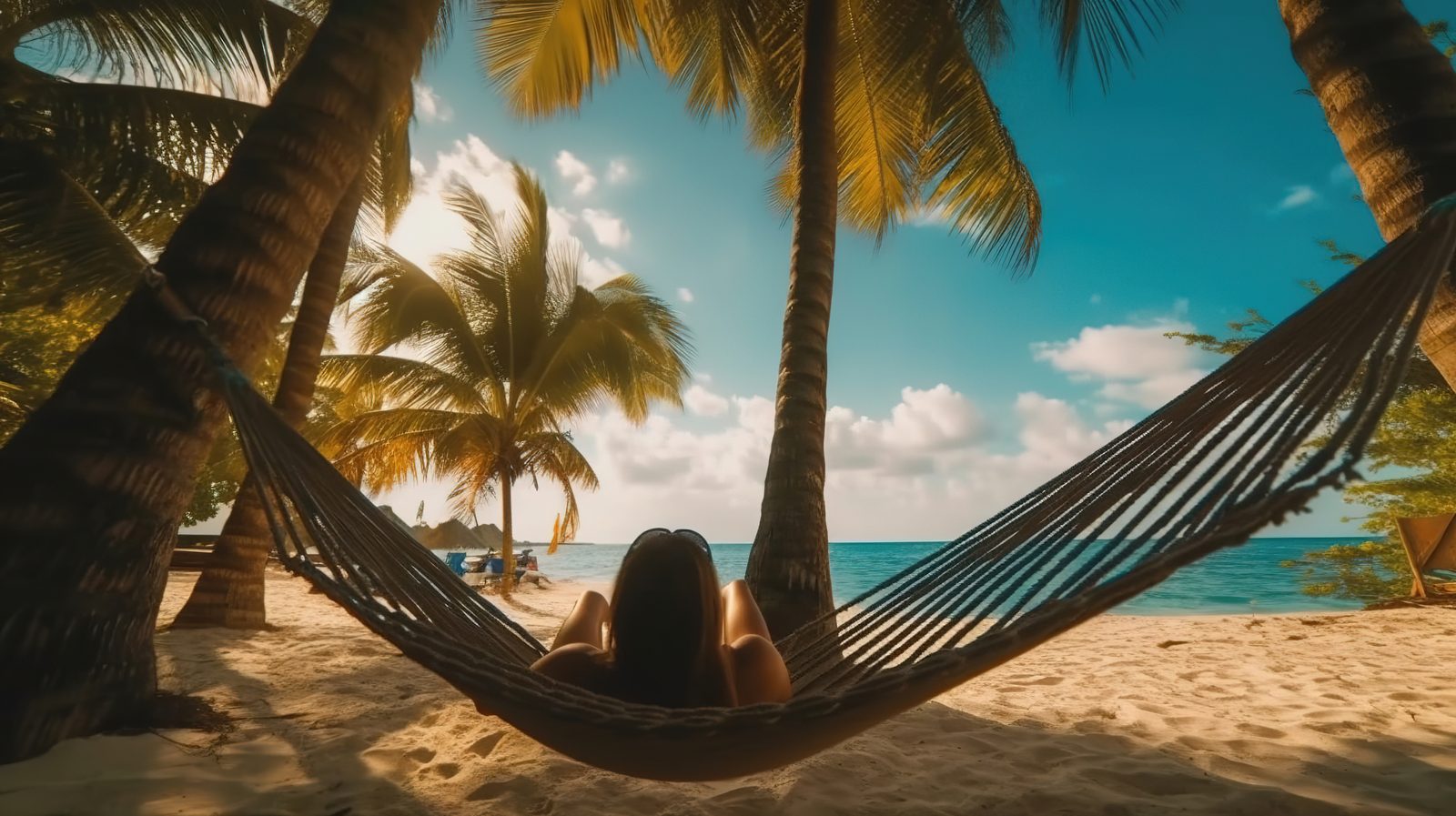 Relaxing in a hammock strung between palm trees