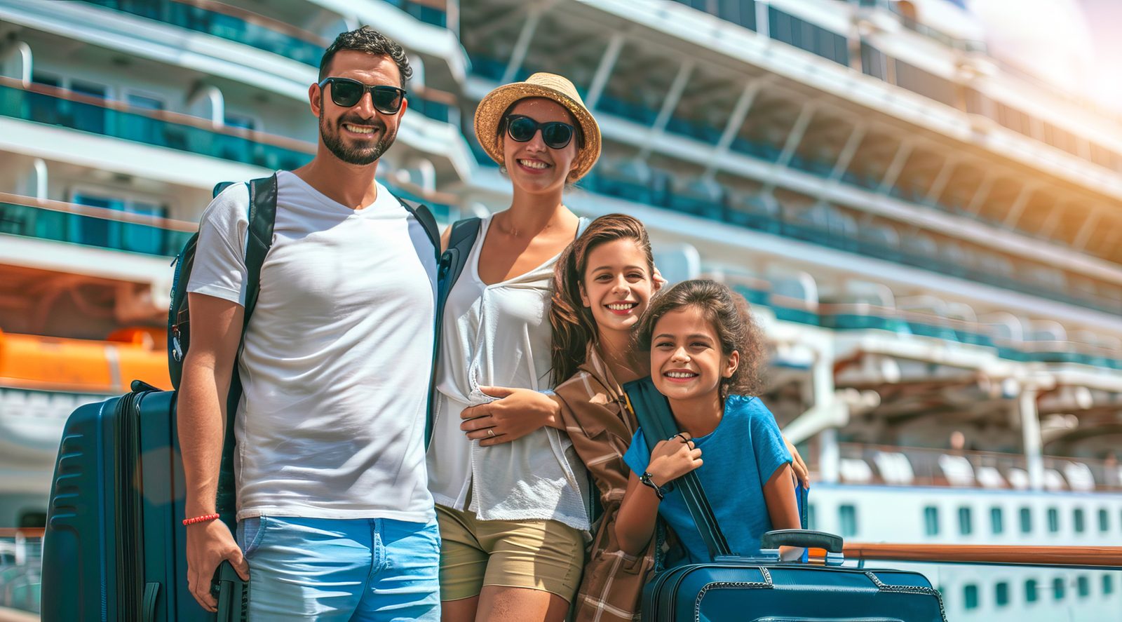 A smiling family of four with their luggage in front of a cruise ship