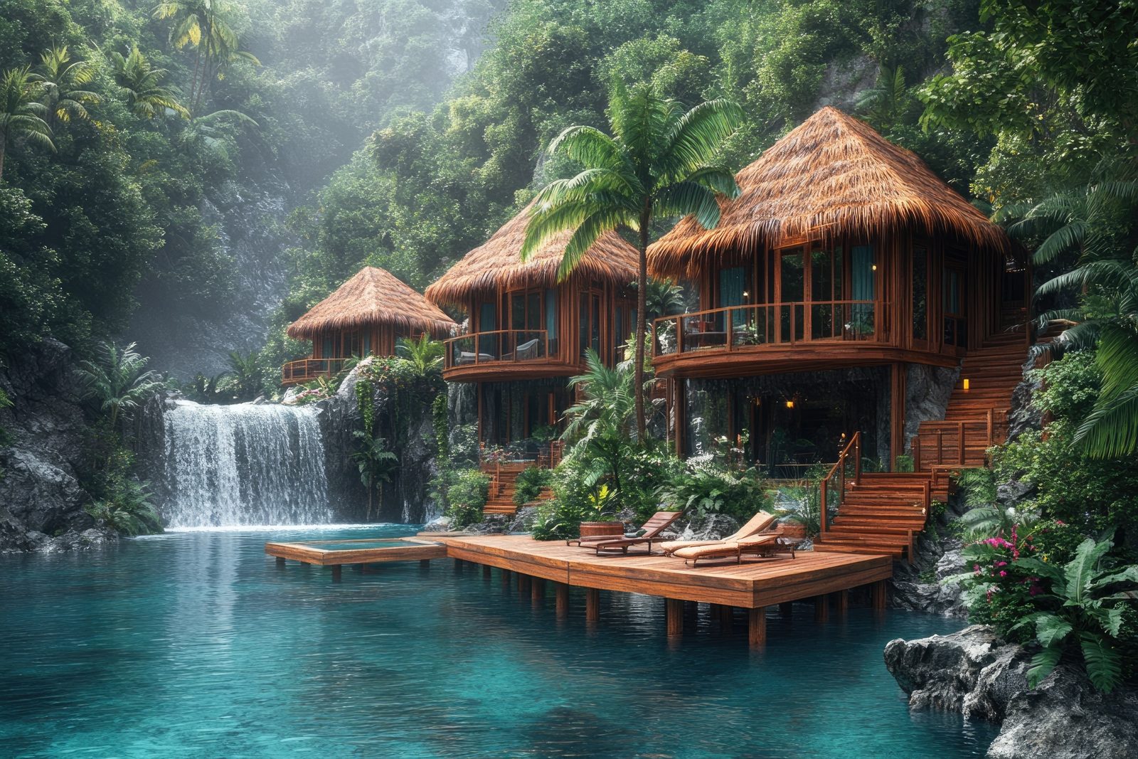 Secluded villas beside a waterfall in a tropical garden